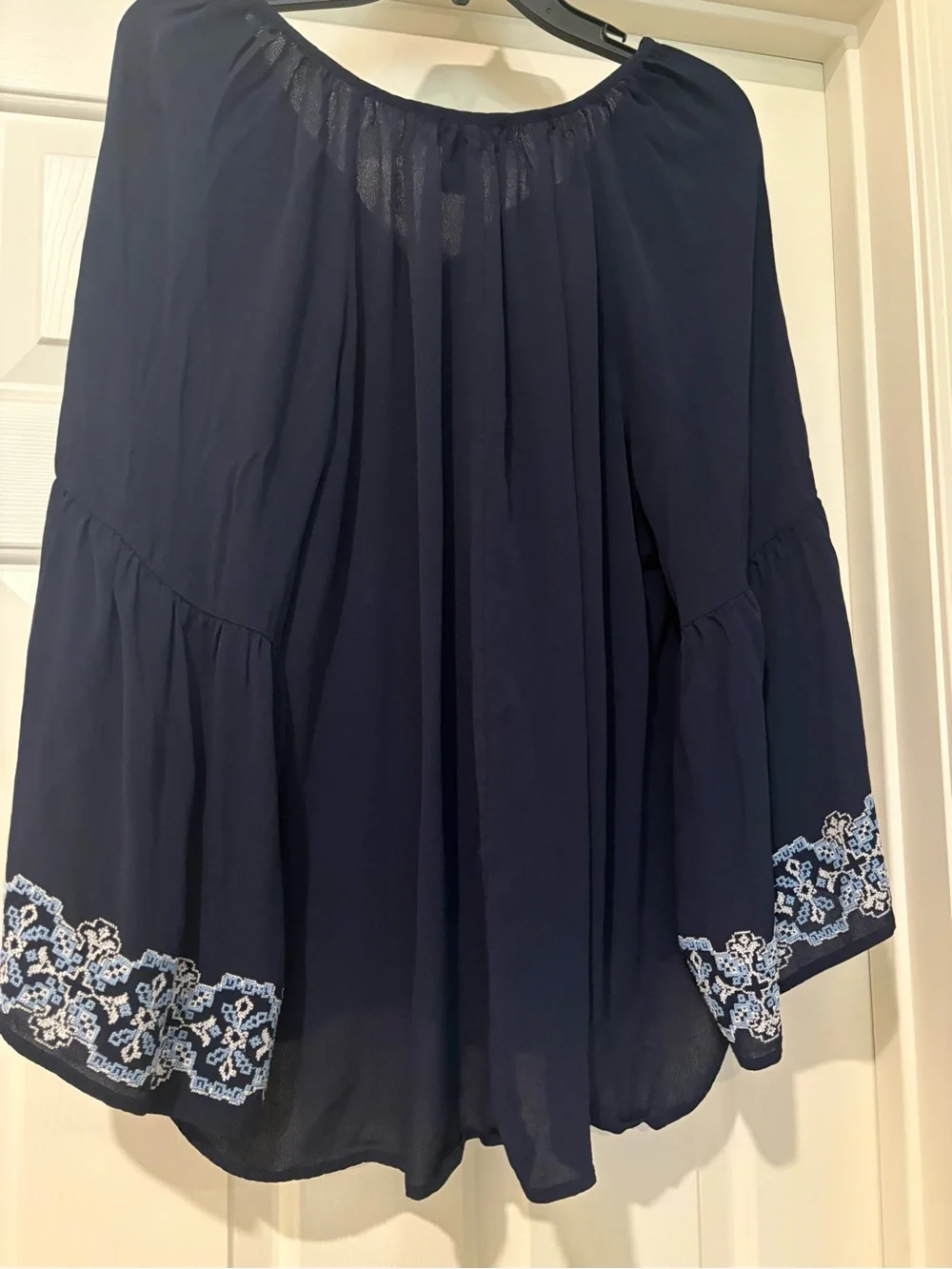 Karen Kane Navy Peasant Blouse with Light Blue Embroidery
